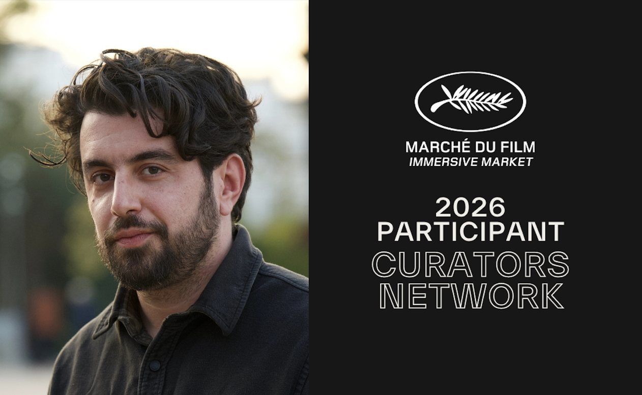 Portrait of a member of the Poetics team beside the Marché du Film Immersive Market badge reading "2026 participant, Curators Network".